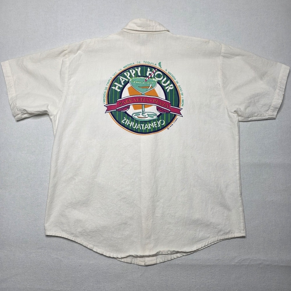 Poco Loco‎ Mens Button Up Shirt Cream Ixtapa Mexico Club Graphic Pocket VTG Sz L
